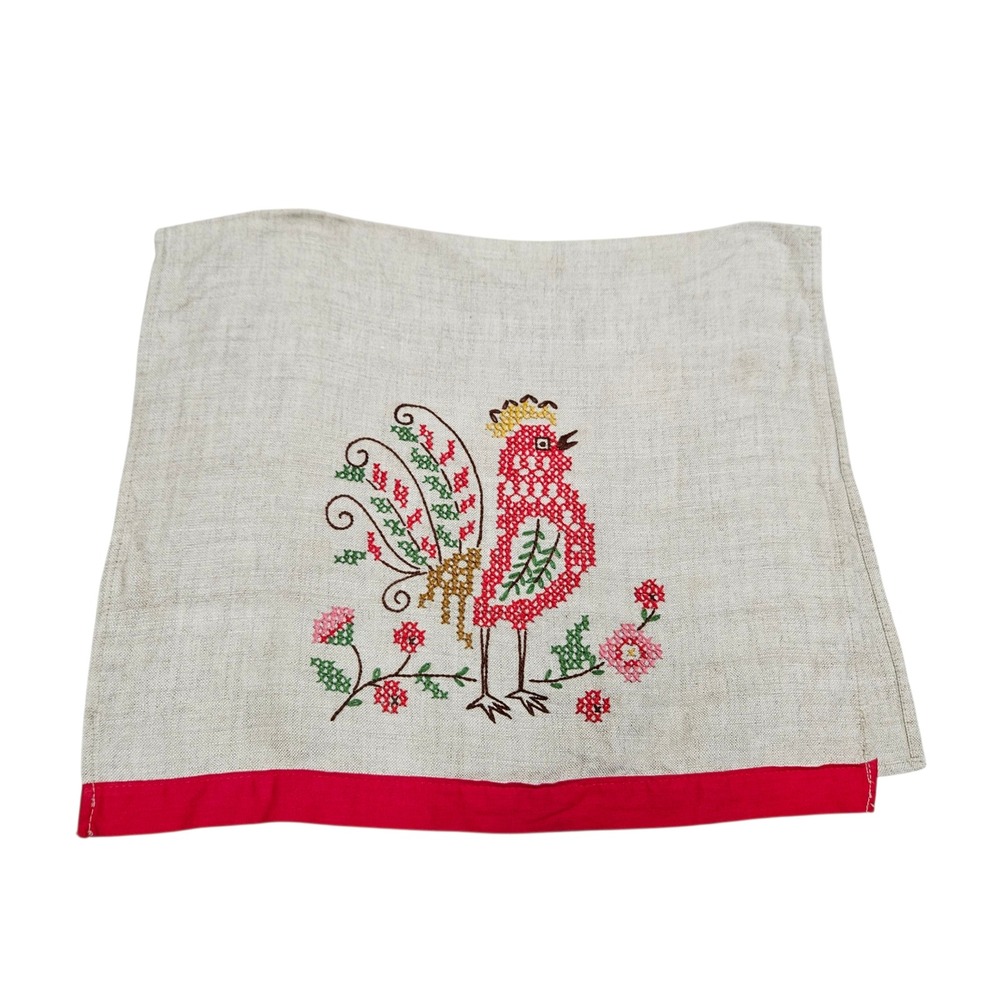 Vintage  Embroidered‎ Rooster Linen Kitchen Towel Farmhouse Cottagecore Country